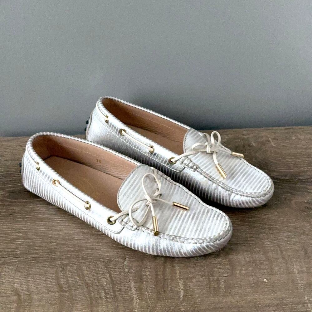 Tods Gommino Driving Loafers Womens US 8 EU 38 Silver Stripe Leather Italy